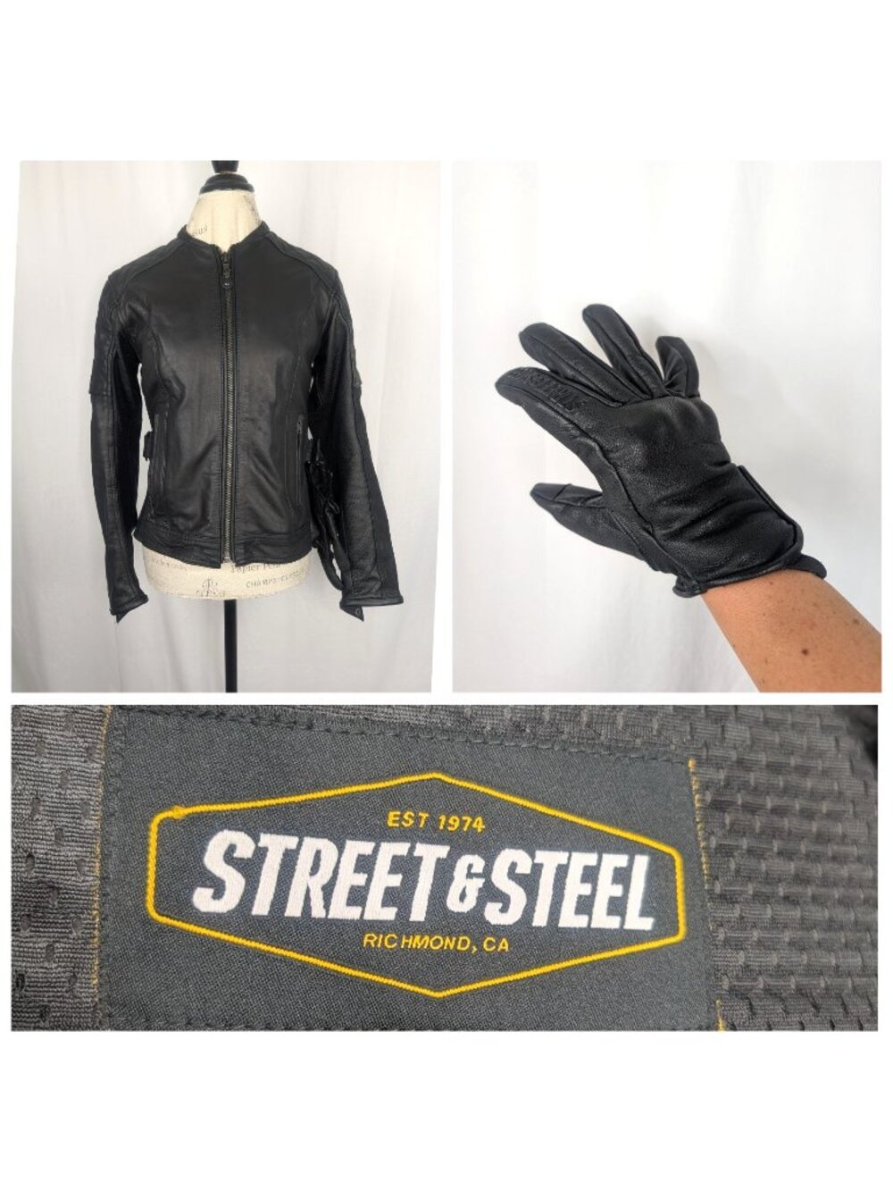 Street Steel Athena Black Leather Moto Jacket Small Gloves